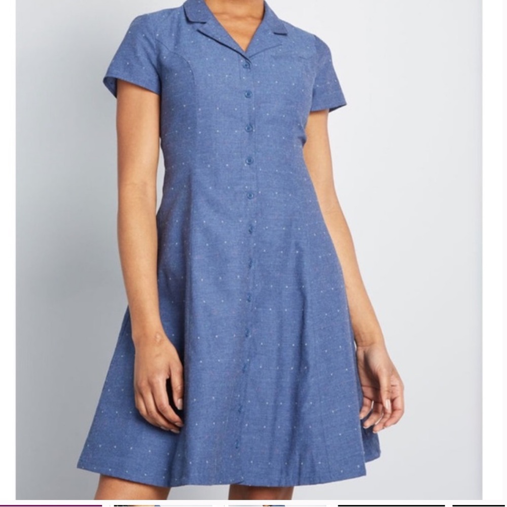 Mod Cloth Navy Blue Polka Dot Collared SS Button Down Dress